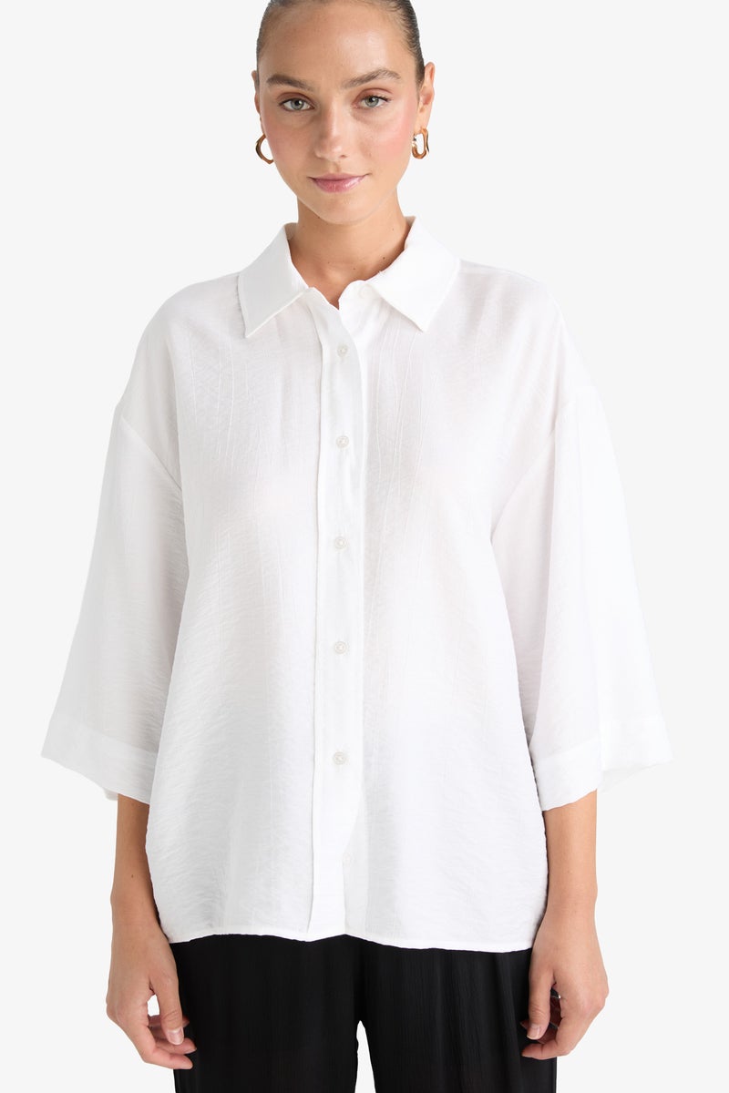 DeFacto White Woman Oversize Shirt Collar Crinkle Fabric Shirt Casual - Image 3